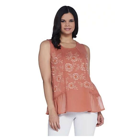 LOGO Lori Goldstein Knit Tank Coral Orange XXS Embroidered NWOT A302462 - Picture 1 of 7